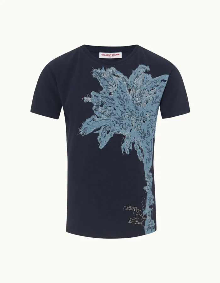 Orlebar Brown Midnight Navy Embroidery Palm Tree Classic Fit T shirt