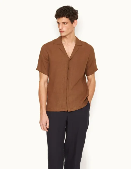 Orlebar Brown Relaxed Fit Capri Collar Italian Linen Shirt Brown (4)