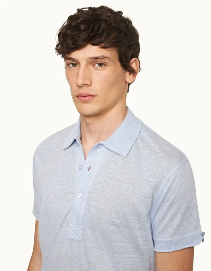 Orlebar Brown Tailored Fit Linen Polo Shirt In Soft Blue (4)